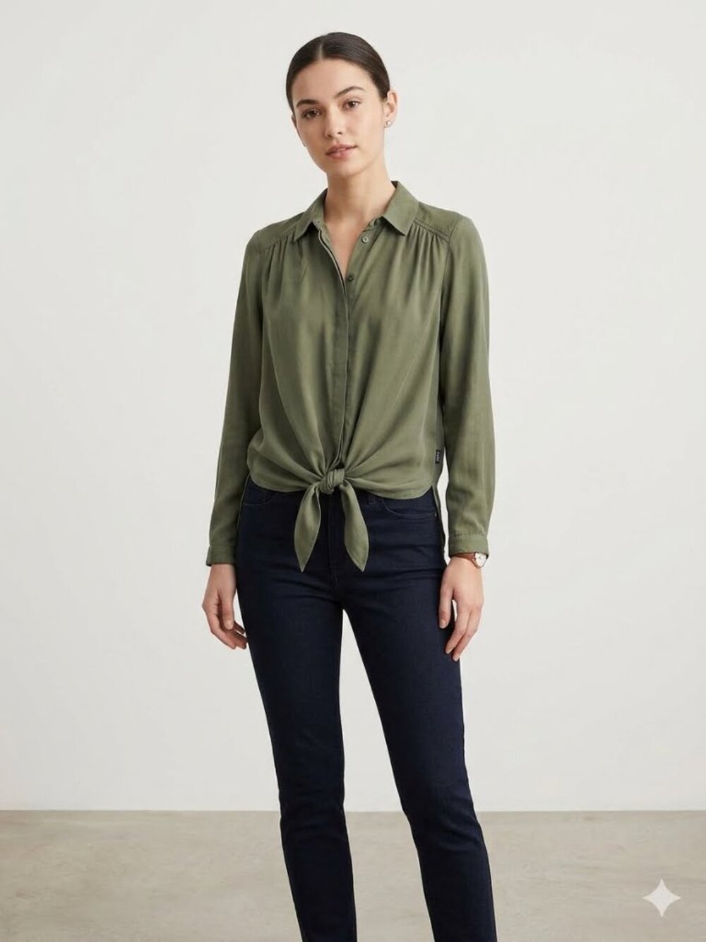 Maeve Tuesday Blouse, olive green button down top with tie front, size XS